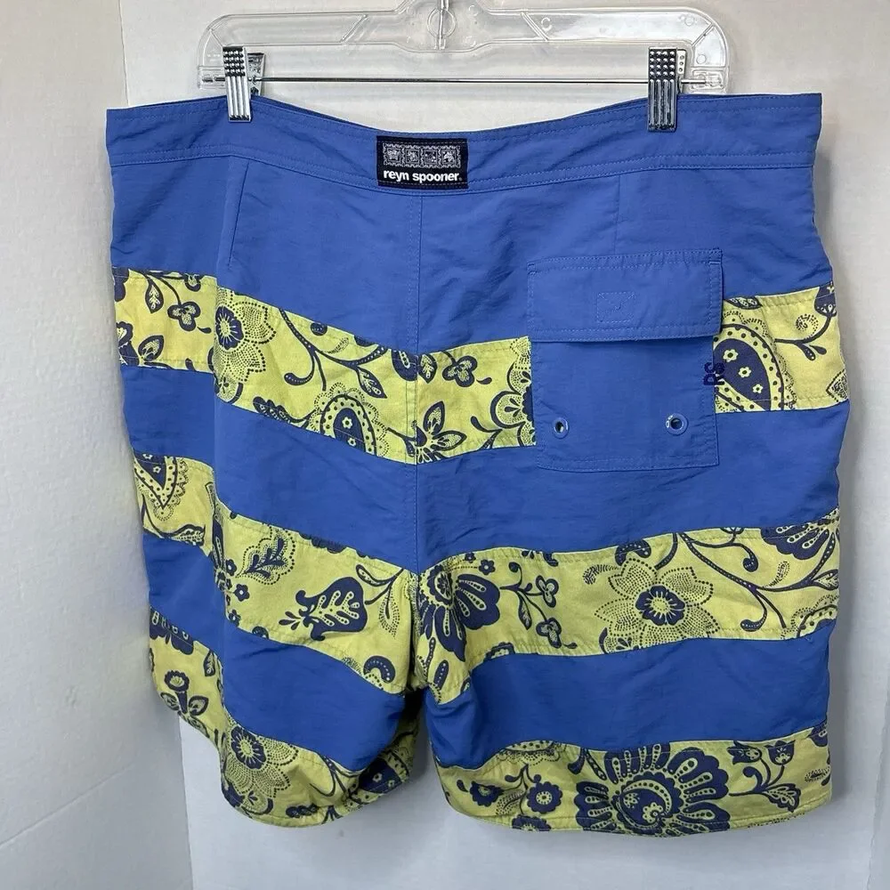 Reyn Spooner Swim Trunks Mens 38 Board Short Floral Tropical Blue Yellow Stripes